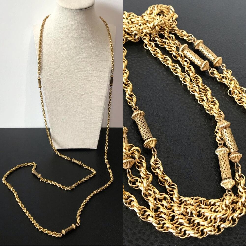 VTG Victorian Freirich SGD 60” Gold Tone Filigree Bar Link Rope Chain Necklace